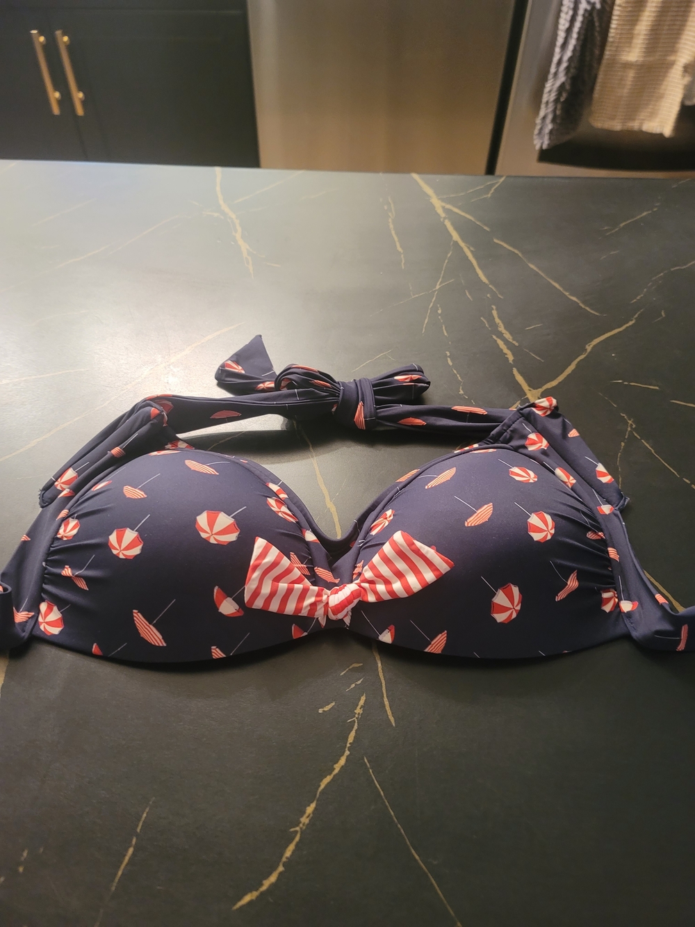 Navy Blue Bikini Top with Red & White Umbrella Print